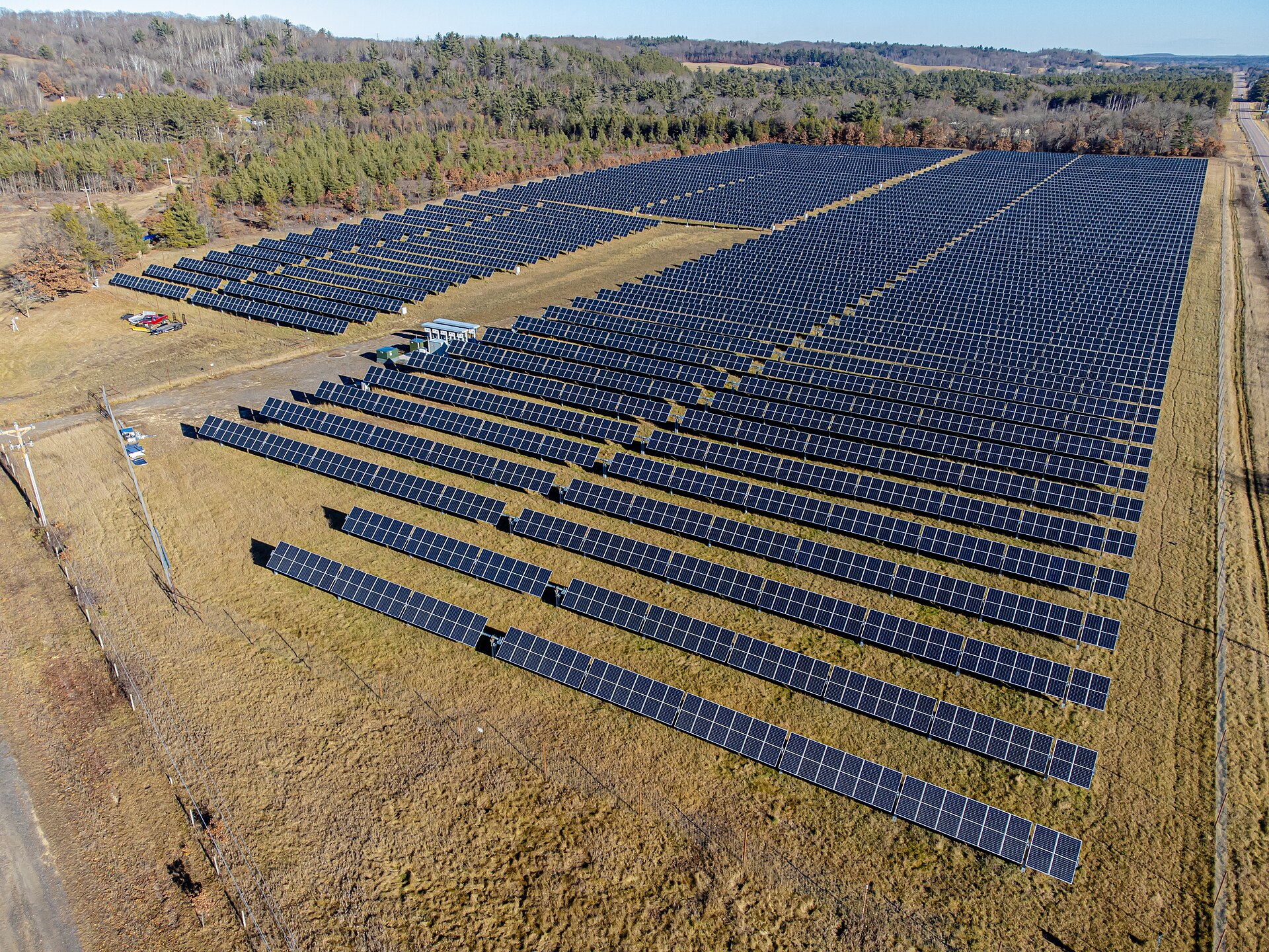 Aerial view of a large solar photovoltaic array